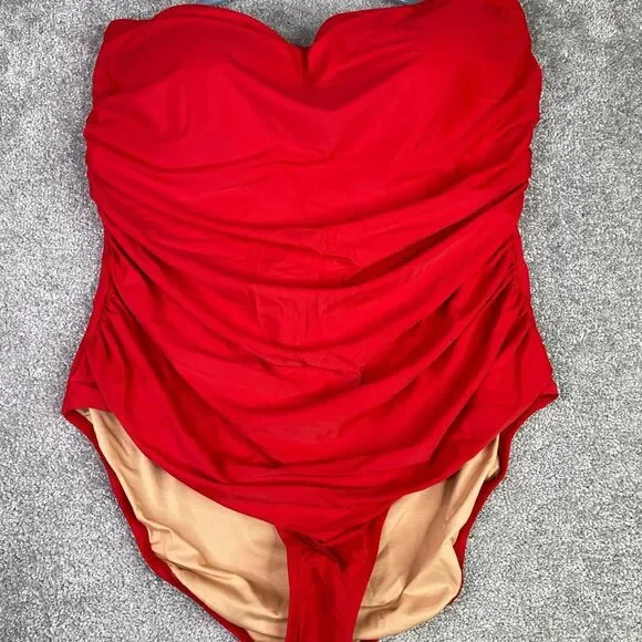 J. Crew Ruched Bandeau One-Piece Swimsuit Women’s 22 Red Strapless Full Coverage - Picture 2 of 10
